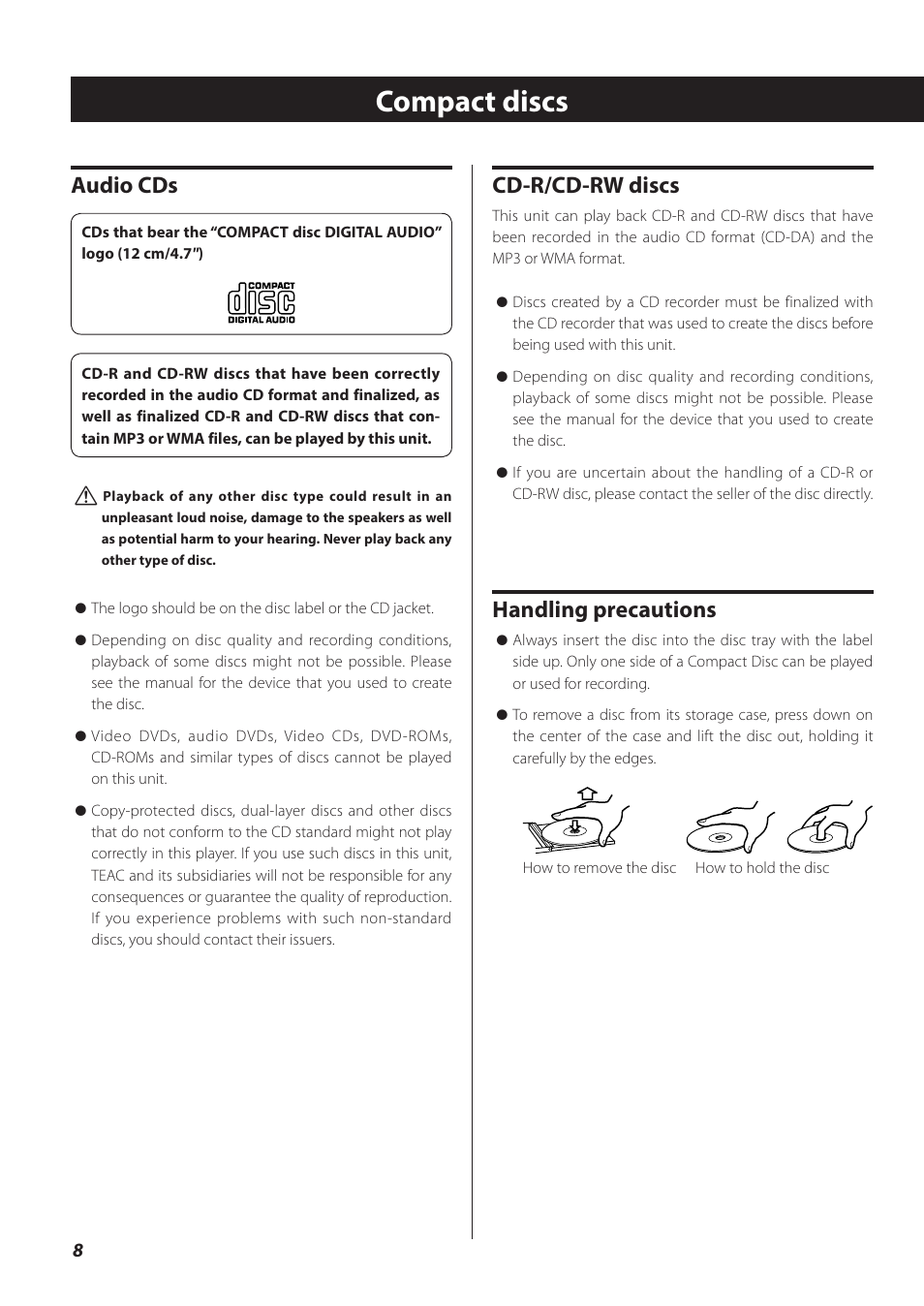 Compact discs, Cd-r/cd-rw discs, Handling precautions | Audio cds | Teac CR-H260I User Manual | Page 8 / 152