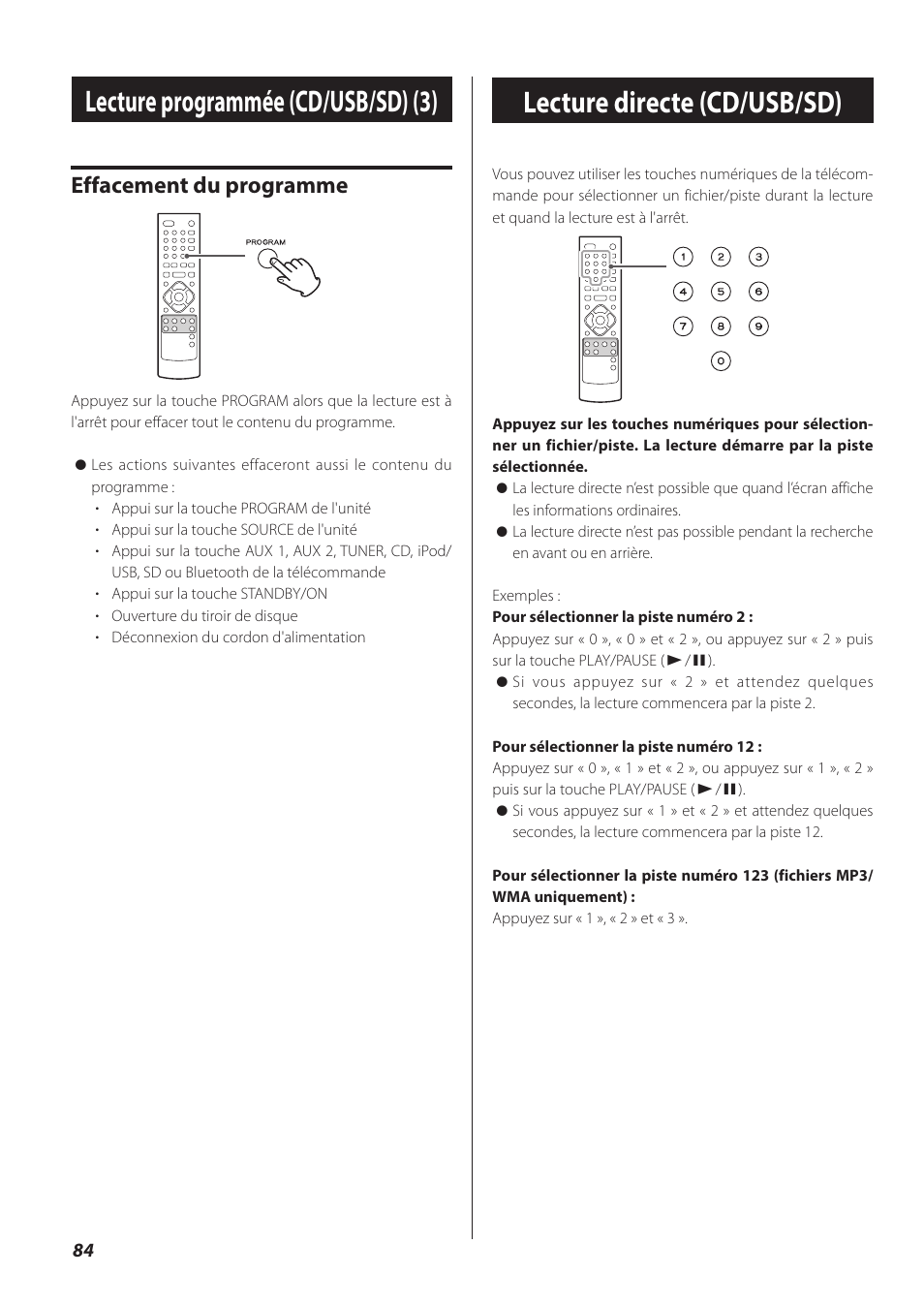 Lecture directe (cd/usb/sd), Lecture programmée (cd/usb/sd) (3), Effacement du programme | Teac CR-H260I User Manual | Page 84 / 152