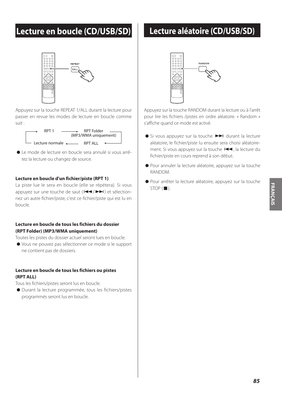 Lecture en boucle (cd/usb/sd), Lecture aléatoire (cd/usb/sd) | Teac CR-H260I User Manual | Page 85 / 152