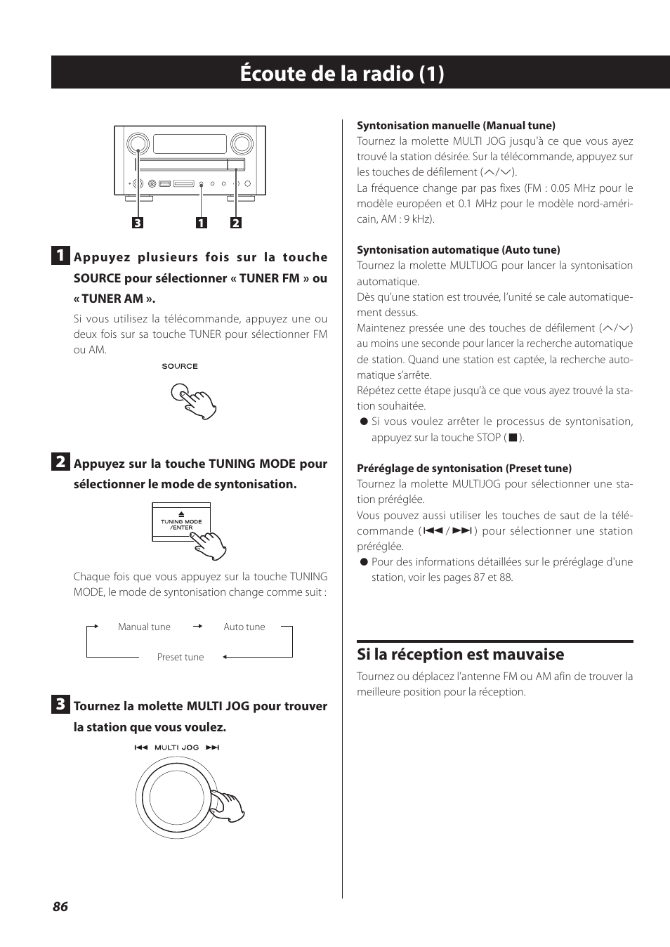 Écoute de la radio, Écoute de la radio (1), Si la réception est mauvaise | Teac CR-H260I User Manual | Page 86 / 152
