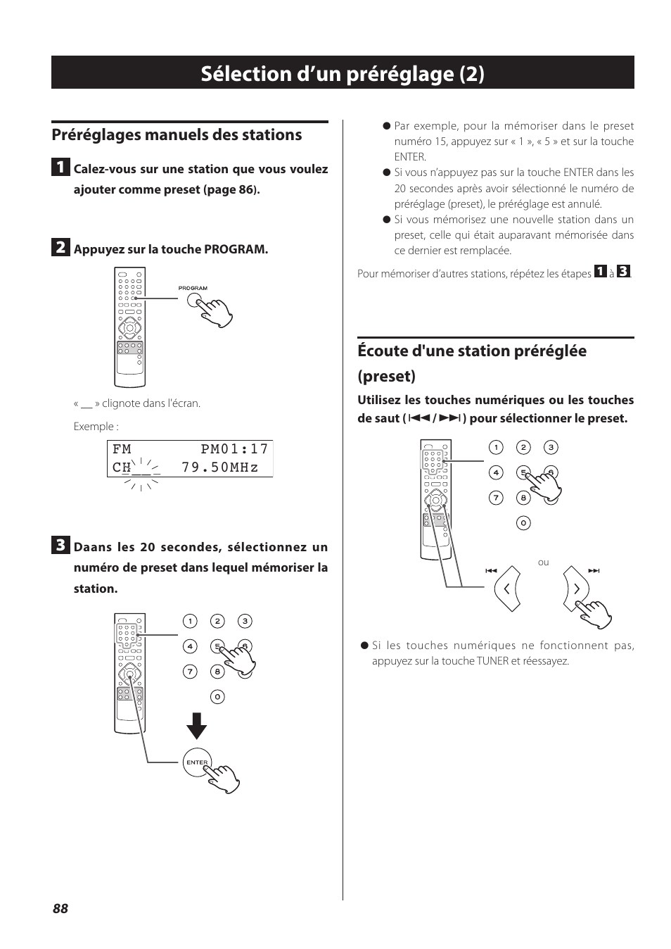Sélection d’un préréglage (2), Préréglages manuels des stations 1, Écoute d'une station préréglée (preset) | Fm pm01:17 ch mhz | Teac CR-H260I User Manual | Page 88 / 152