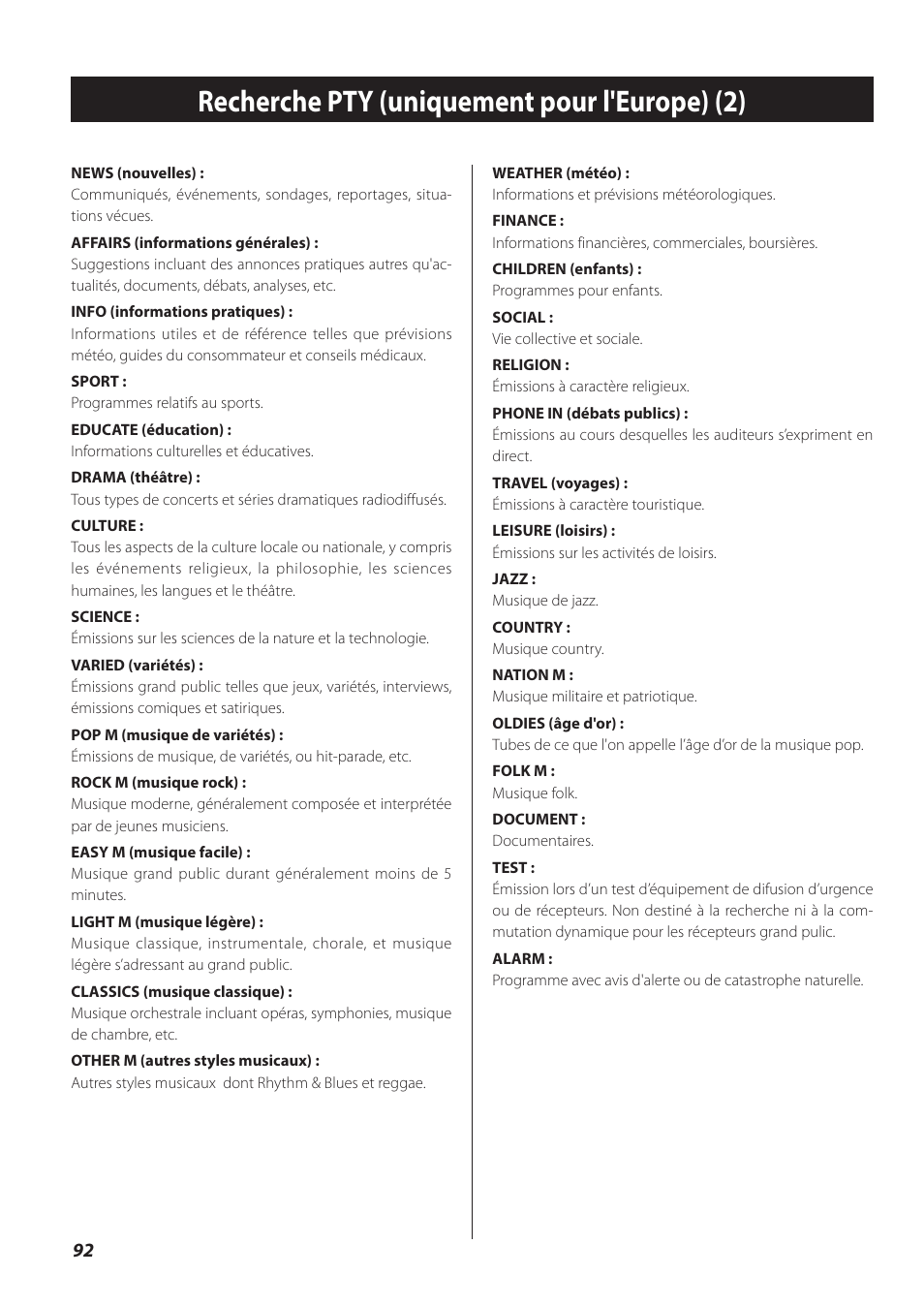 Recherche pty (uniquement pour l'europe) (2) | Teac CR-H260I User Manual | Page 92 / 152