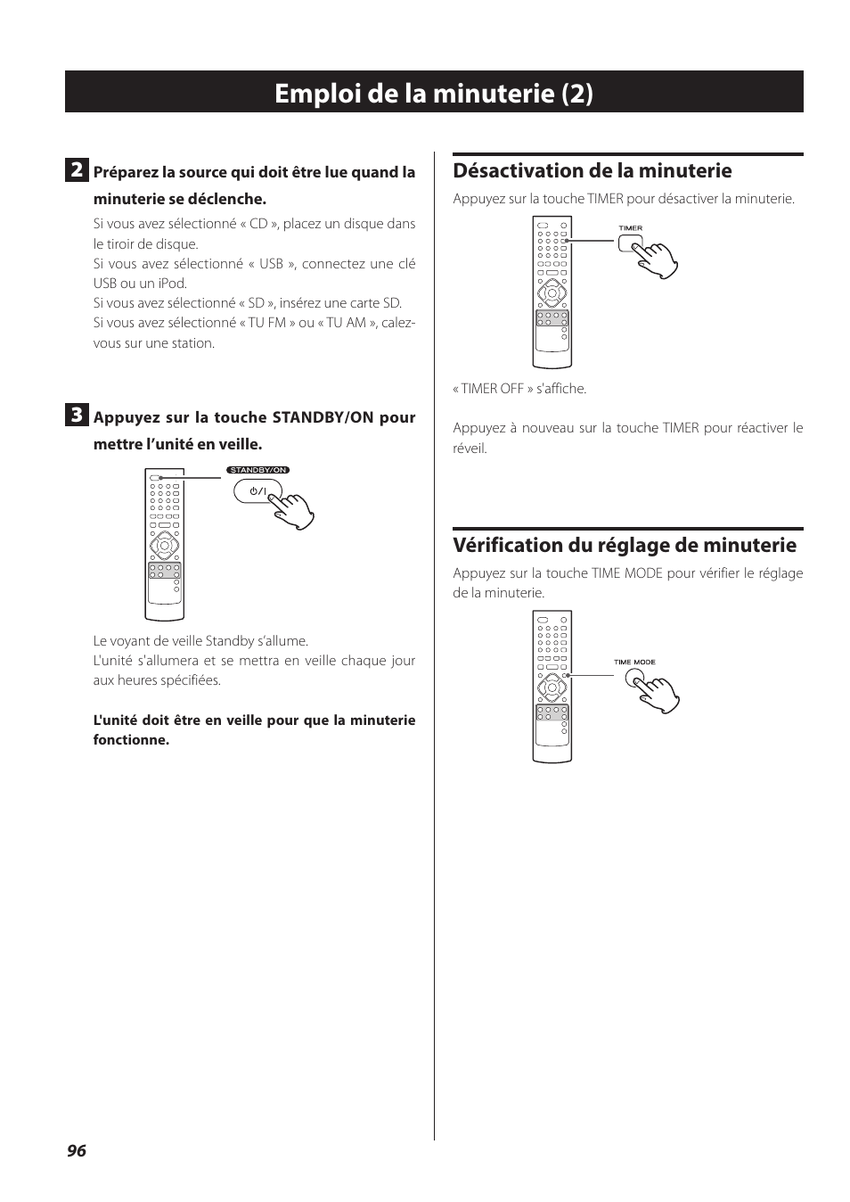 Emploi de la minuterie (2), Désactivation de la minuterie, Vérification du réglage de minuterie | Teac CR-H260I User Manual | Page 96 / 152