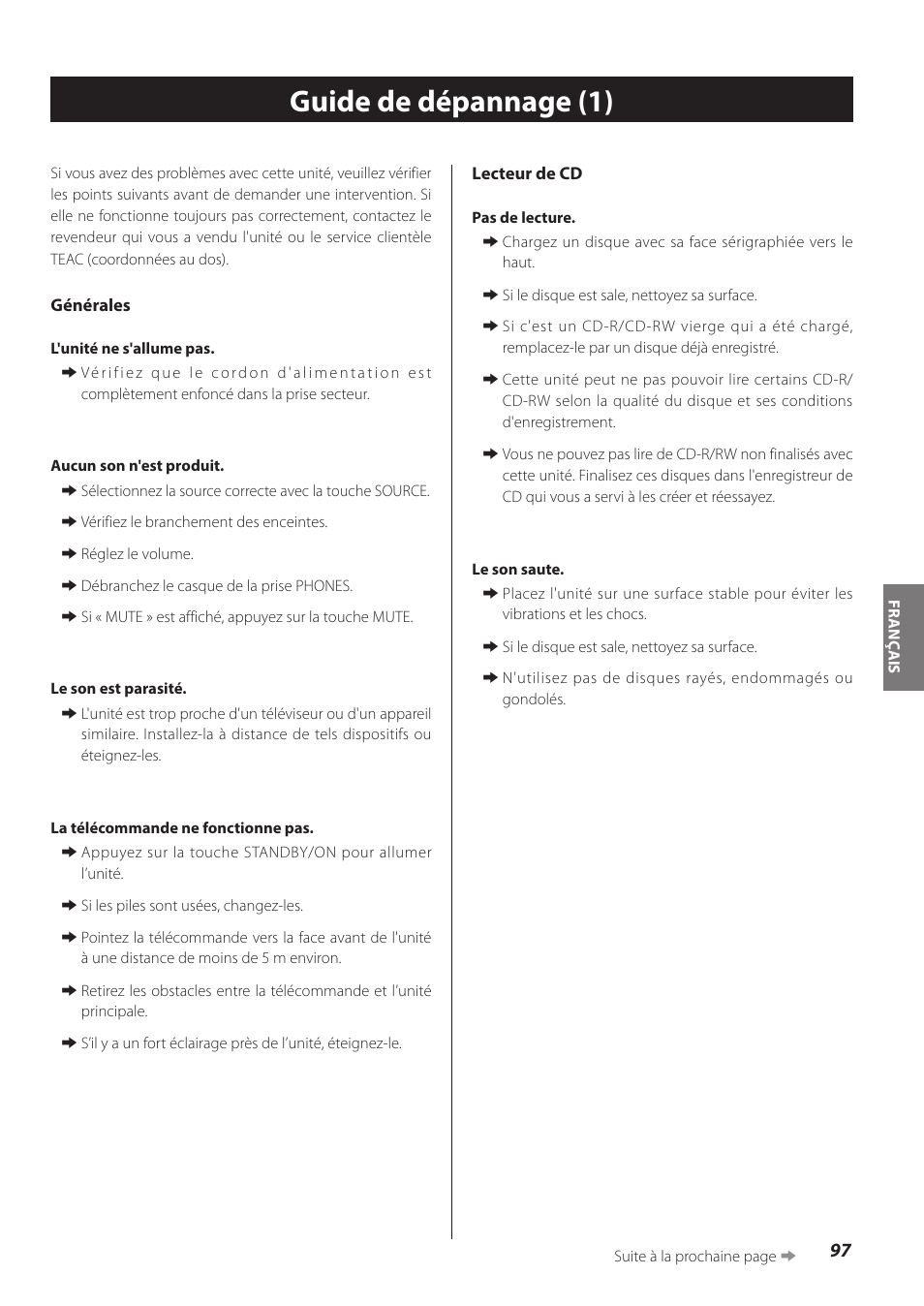 Guide de dépannage, Guide de dépannage (1) | Teac CR-H260I User Manual | Page 97 / 152