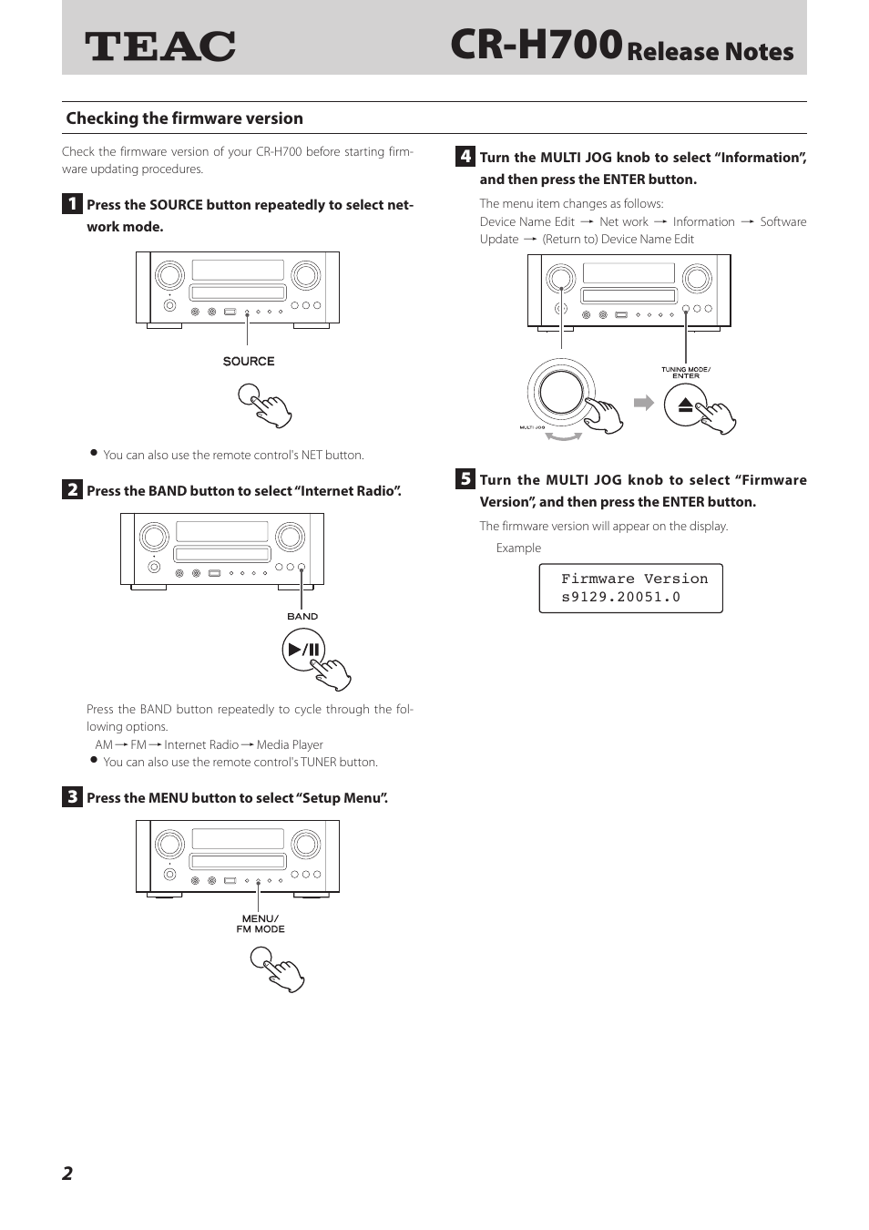 Checking the firmware version, Cr-h700 | Teac CR-H700 User Manual | Page 2 / 4