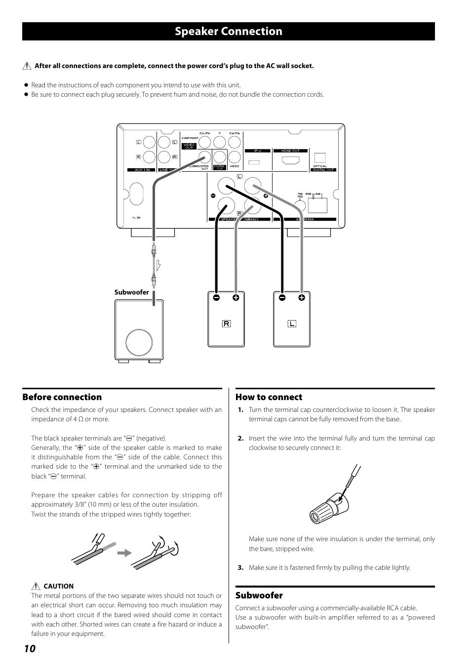 Speaker connection, Connection to audio equipments etc, Before connection | How to connect, Subwoofer | Teac DR H338i User Manual | Page 10 / 148