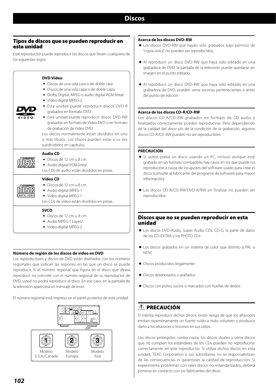 Discos, Discos que no se pueden reproducir en esta unidad, Precaución | Teac DR H338i User Manual | Page 102 / 148