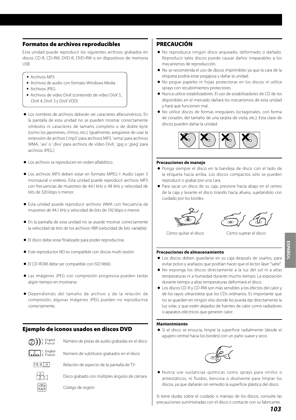 Compatibilidad con memorias usb, Conexión de antenas (am), Formatos de archivos reproducibles | Ejemplo de iconos usados en discos dvd, Precaución | Teac DR H338i User Manual | Page 103 / 148