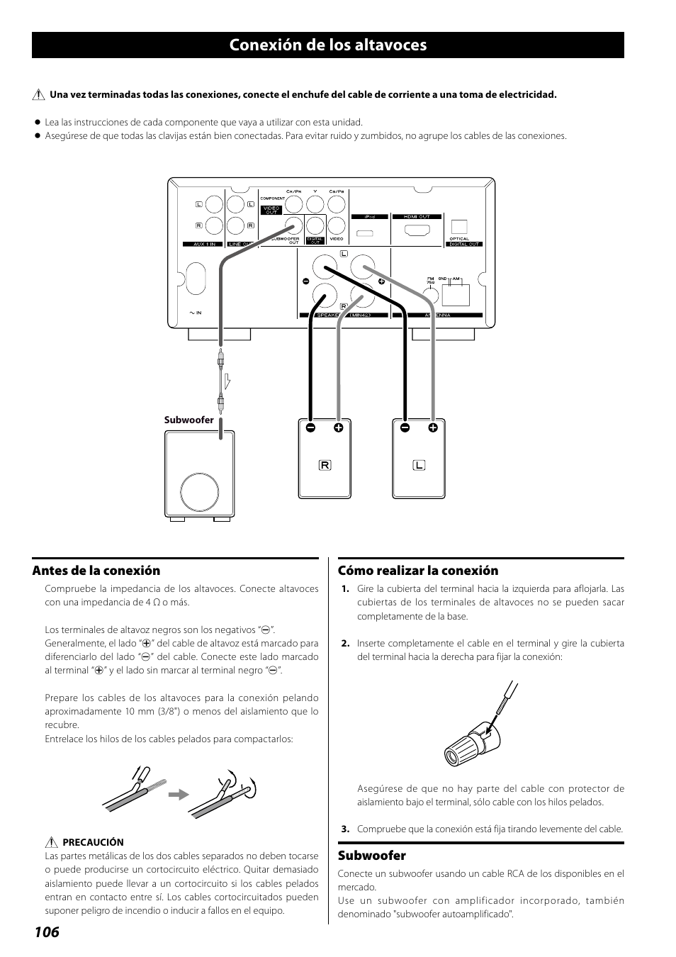 Conexión de los altavoces, Antes de la conexión, Cómo realizar la conexión | Subwoofer | Teac DR H338i User Manual | Page 106 / 148