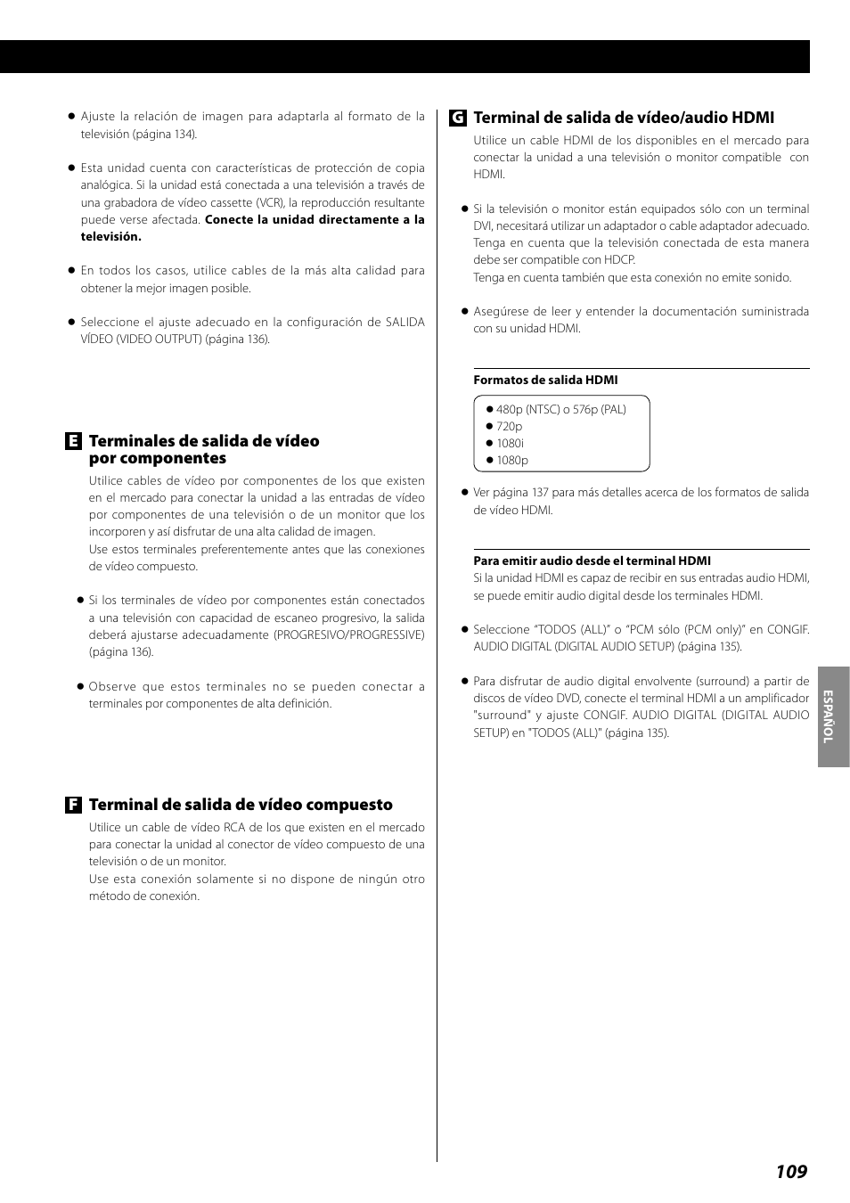 Gterminal de salida de vídeo/audio hdmi, Eterminales de salida de vídeo por componentes, Fterminal de salida de vídeo compuesto | Teac DR H338i User Manual | Page 109 / 148