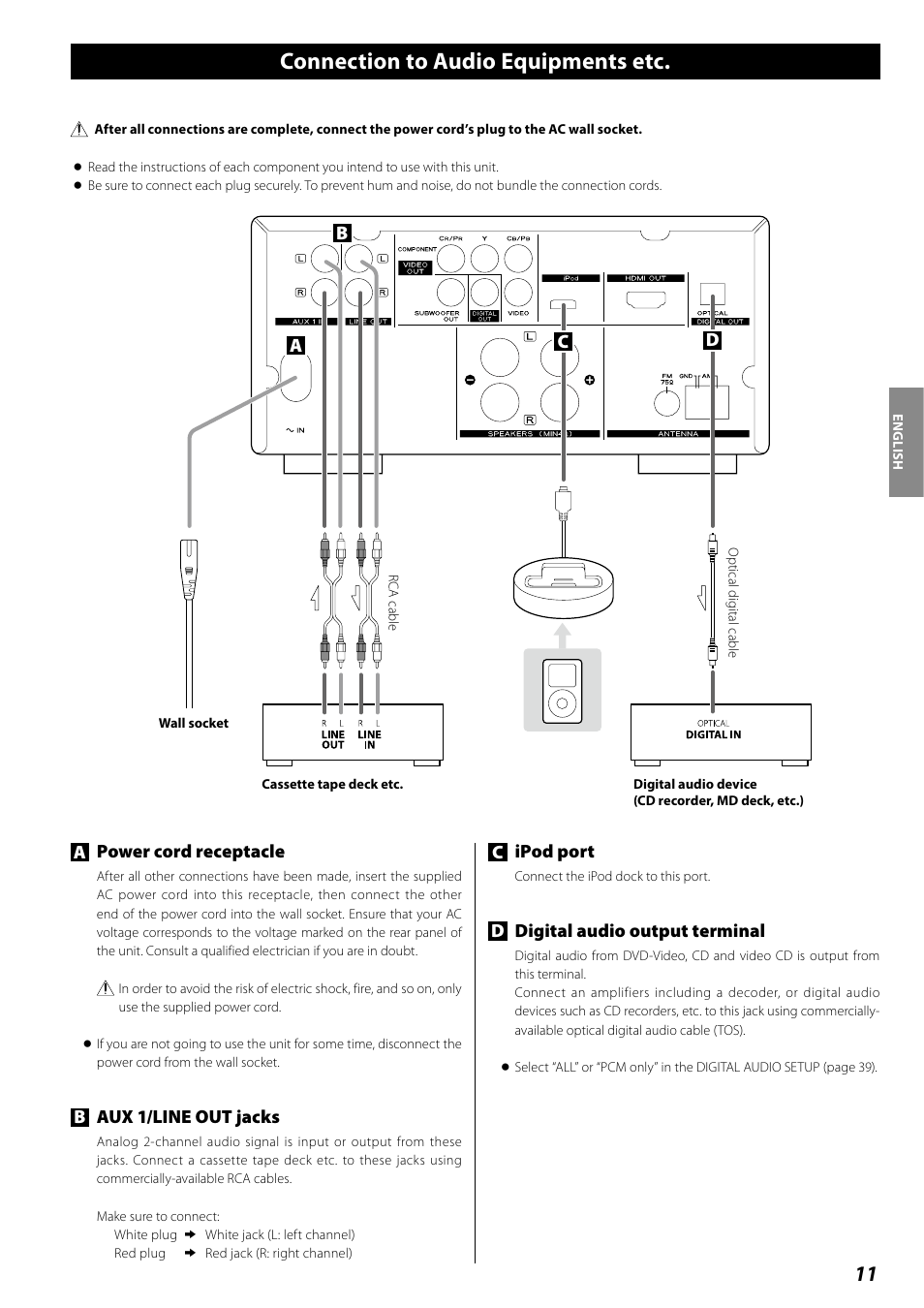 Connection to a tv, Connection to audio equipments etc | Teac DR H338i User Manual | Page 11 / 148