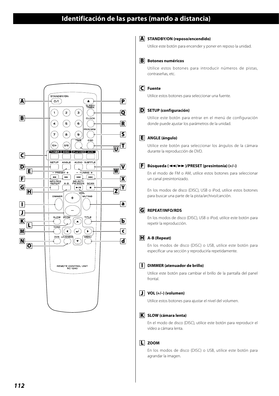 Identificación de las partes (mando a distancia) | Teac DR H338i User Manual | Page 112 / 148