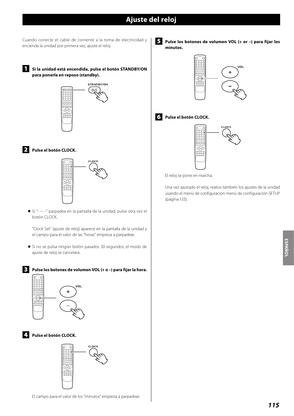 Ajuste del reloj, Funcionamiento básico | Teac DR H338i User Manual | Page 115 / 148