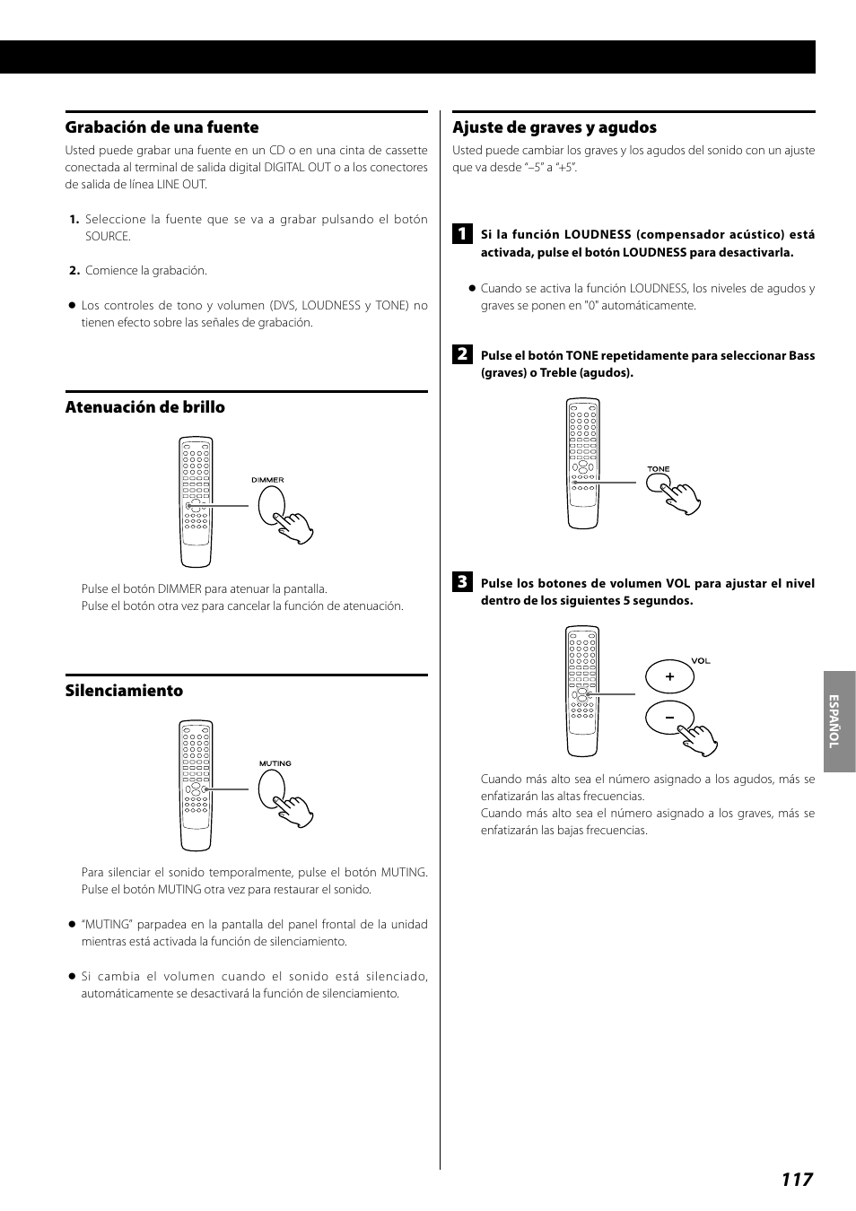 Pasos iniciales con un ipod, Grabación de una fuente, Atenuación de brillo | Silenciamiento, Ajuste de graves y agudos | Teac DR H338i User Manual | Page 117 / 148