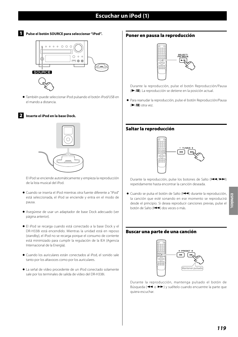 Escuchar un ipod, Escuchar un ipod (1), Poner en pausa la reproducción | Saltar la reproducción, Buscar una parte de una canción | Teac DR H338i User Manual | Page 119 / 148