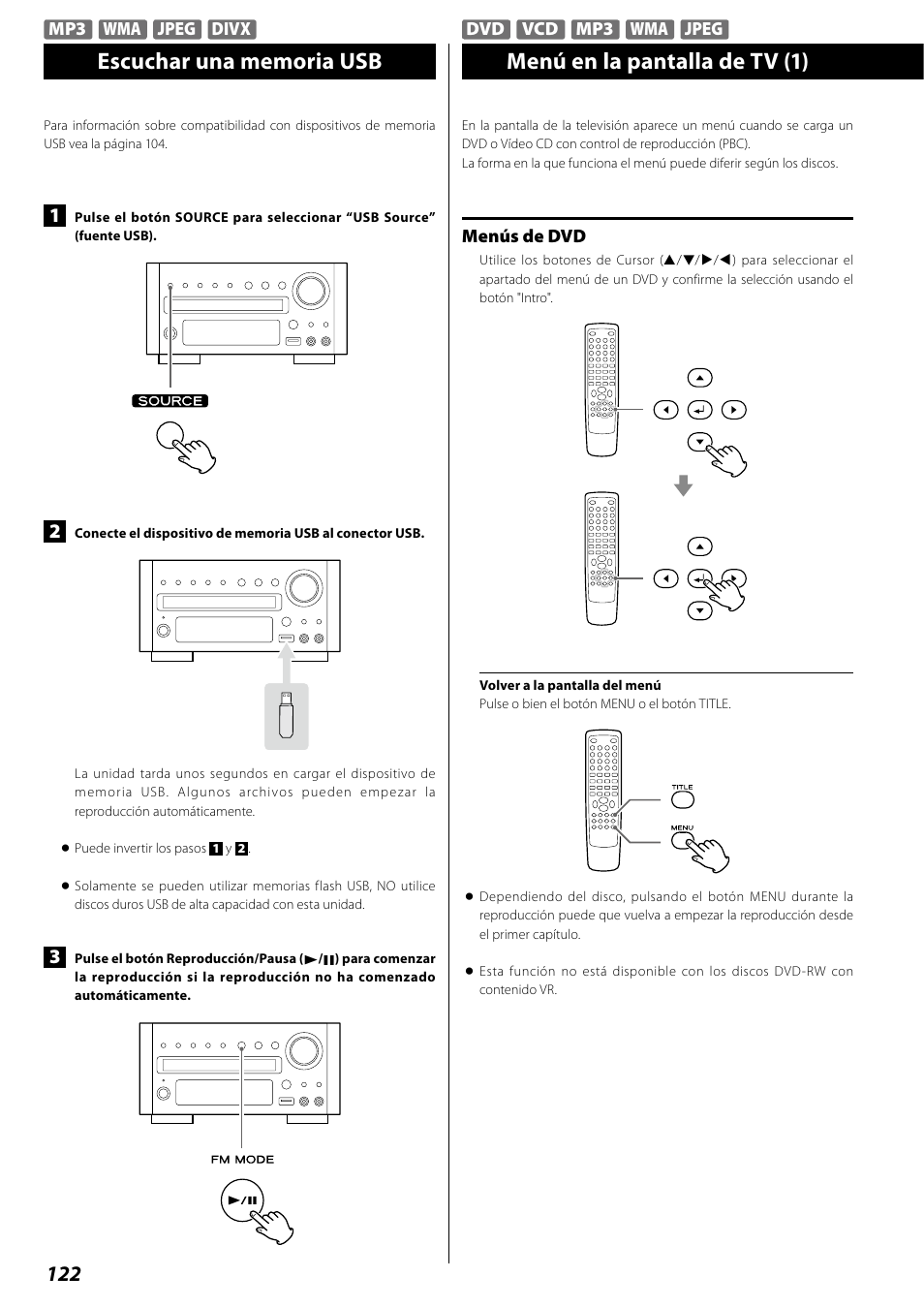 Escuchar una memoria usb, Menú en la pantalla de tv | Teac DR H338i User Manual | Page 122 / 148