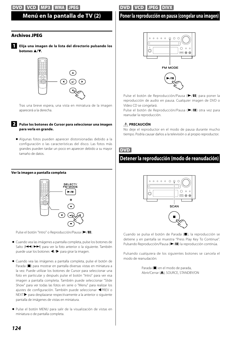 Detener la reproducción (modo de reanudación), Saltar la reproducción, Menú en la pantalla de tv (2) | Teac DR H338i User Manual | Page 124 / 148