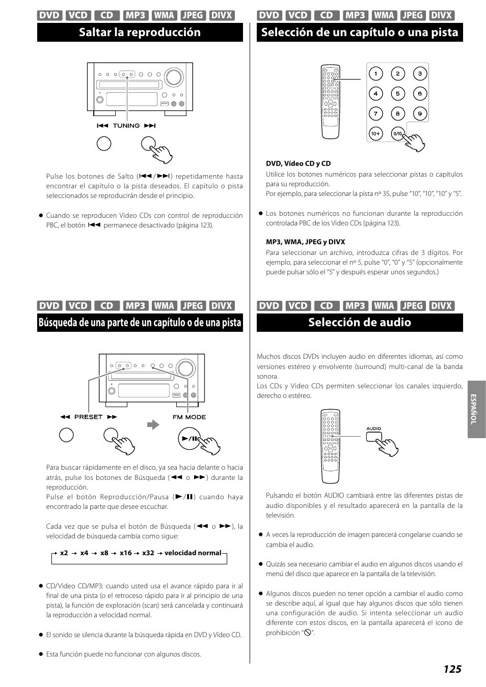 Selección de un capítulo o una pista, Selección de audio | Teac DR H338i User Manual | Page 125 / 148