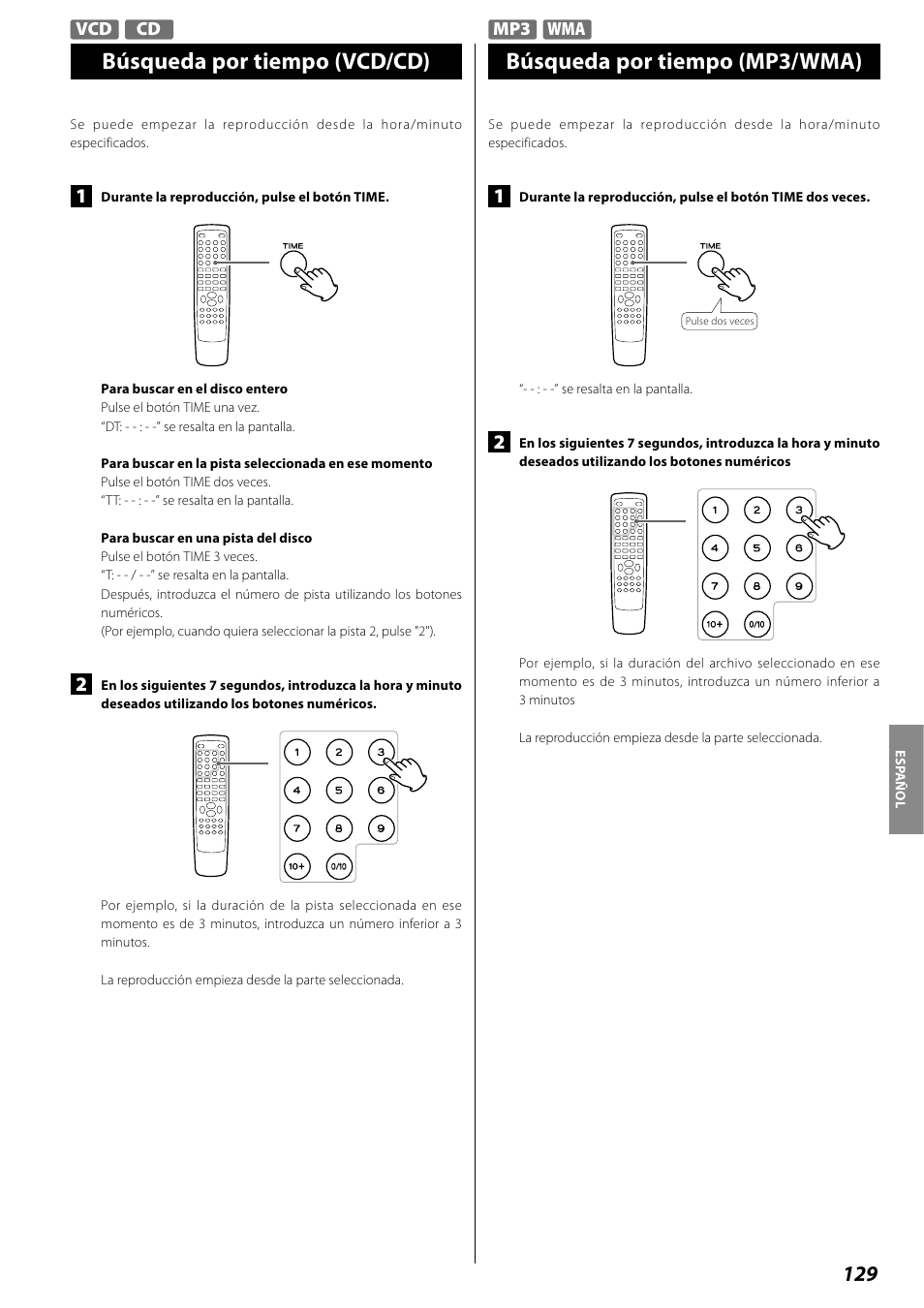 Búsqueda por tiempo (vcd/cd), Búsqueda por tiempo (mp3/wma) | Teac DR H338i User Manual | Page 129 / 148