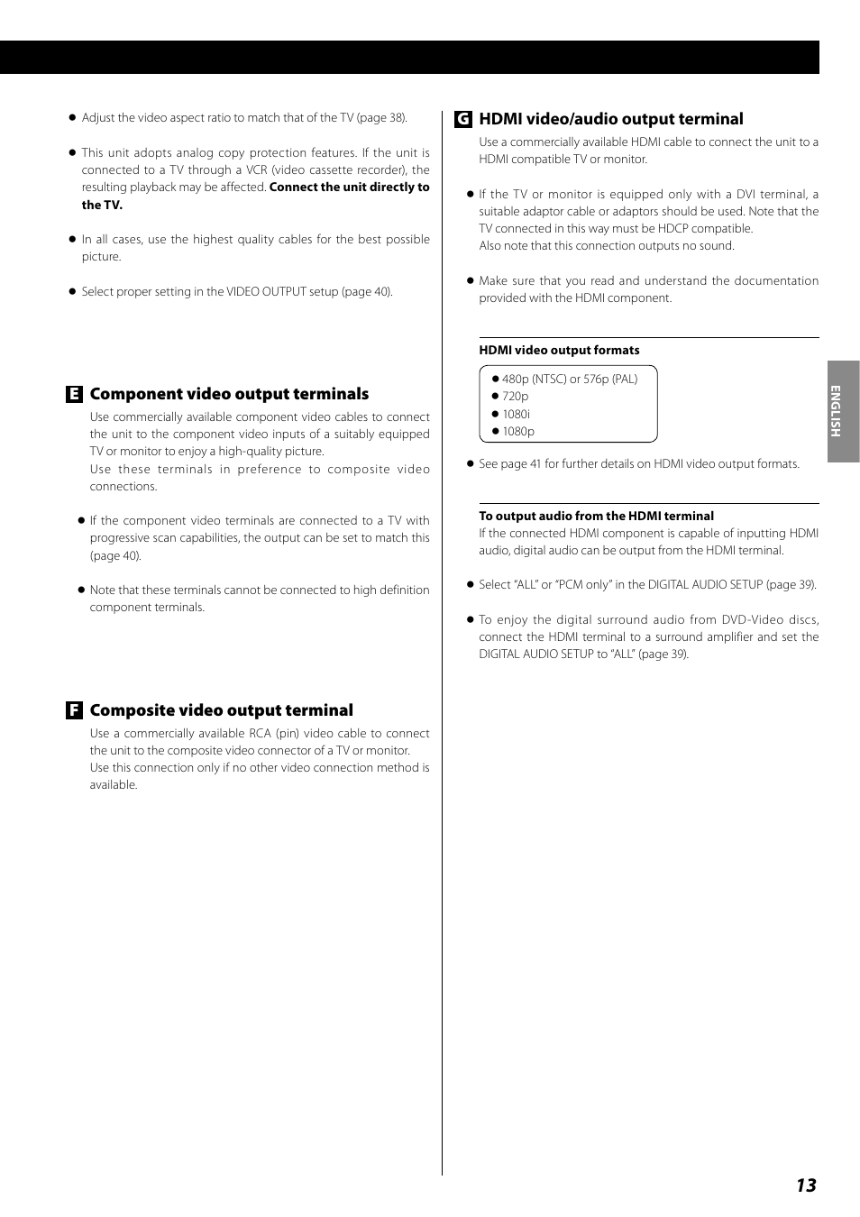 Ghdmi video/audio output terminal, Ecomponent video output terminals, Fcomposite video output terminal | Teac DR H338i User Manual | Page 13 / 148