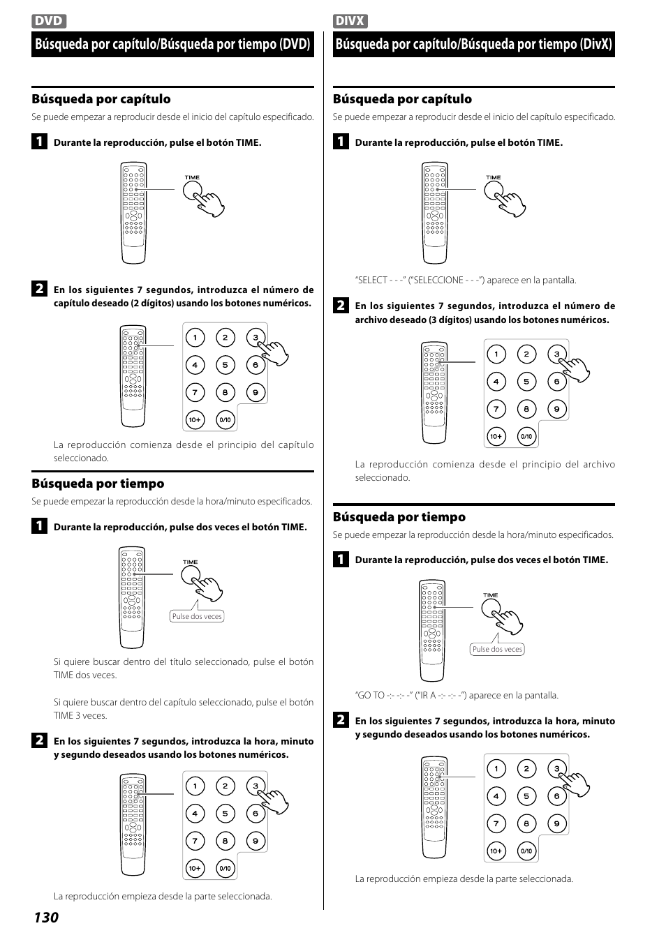 Búsqueda por capítulo/búsqueda por tiempo (dvd), Búsqueda por capítulo/búsqueda por tiempo (divx) | Teac DR H338i User Manual | Page 130 / 148