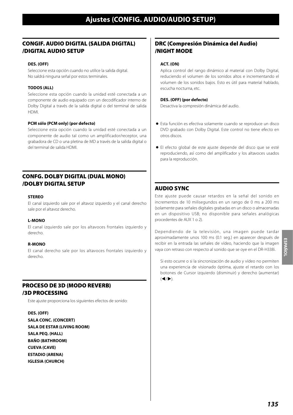 Ajustes (config. audio/audio setup), Ajustes (config. vídeo/video setup) | Teac DR H338i User Manual | Page 135 / 148