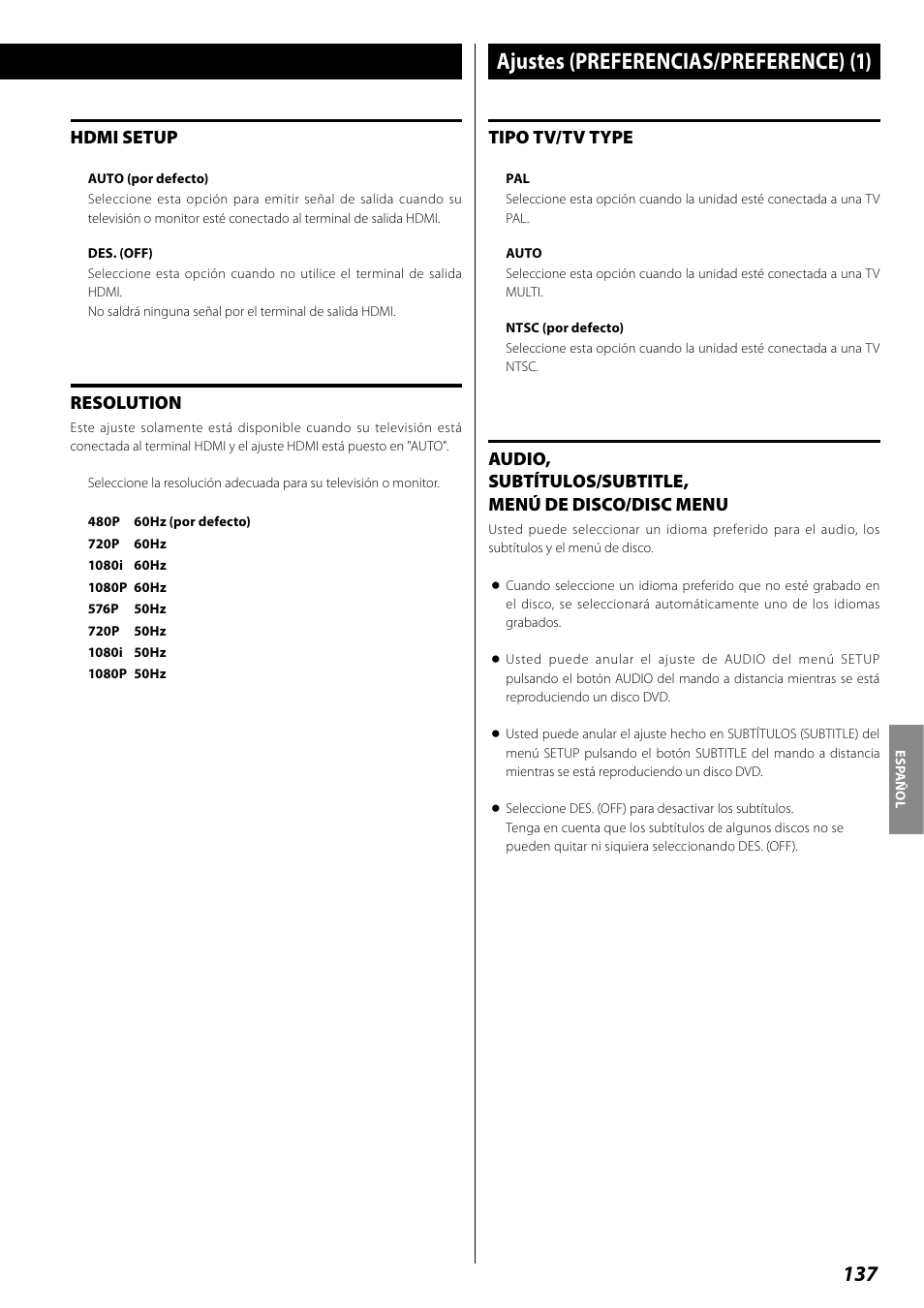 Ajustes (preferencias/preference), Ajustes (preferencias/preference) (1) | Teac DR H338i User Manual | Page 137 / 148