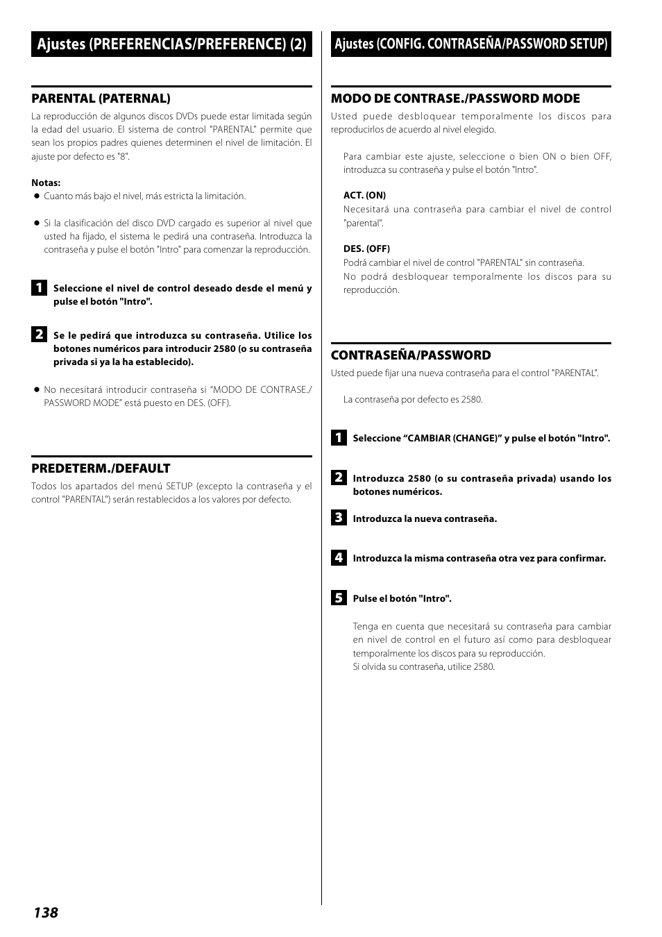 Ajustes (config. contraseña/password setup), Ajustes (preferencias/preference) (2) | Teac DR H338i User Manual | Page 138 / 148