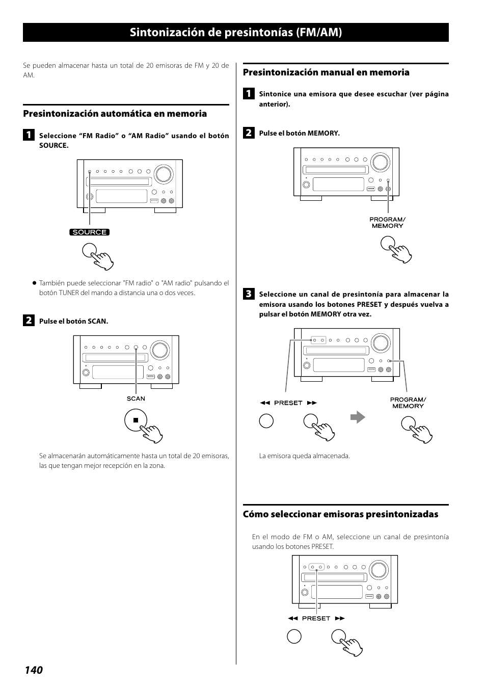 Escuchar una fuente externa, Sintonización de presintonías (fm/am) | Teac DR H338i User Manual | Page 140 / 148