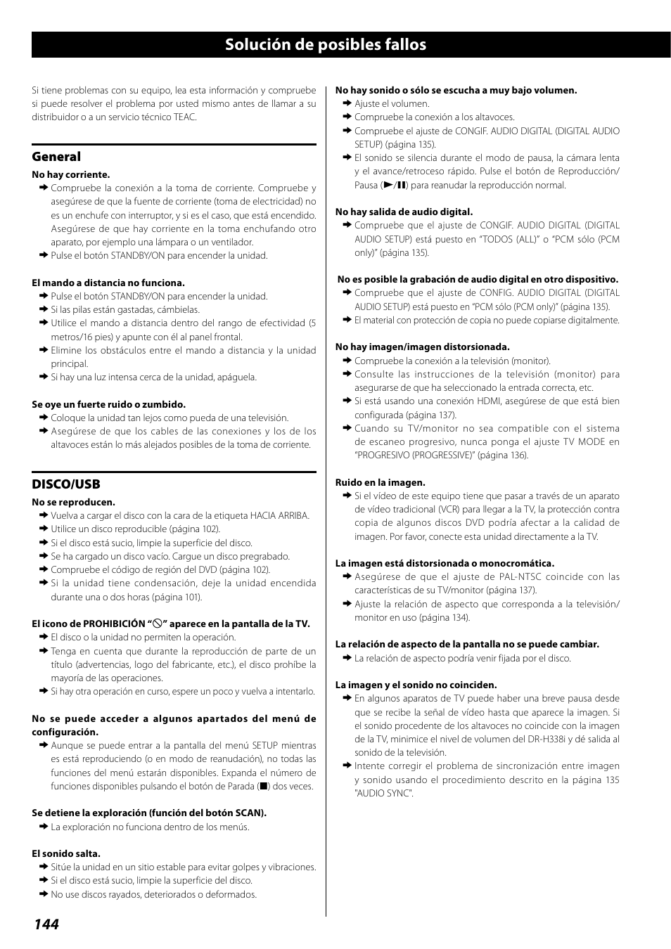 Solución de posibles fallos, General, Disco/usb | Teac DR H338i User Manual | Page 144 / 148