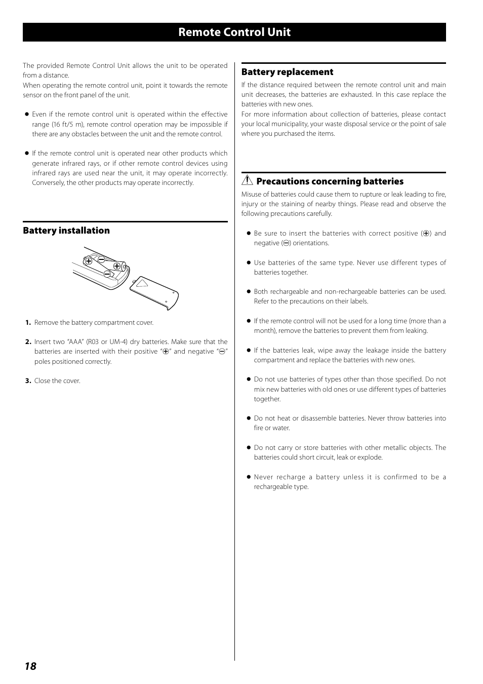 Remote control unit, Setting the clock, Battery installation | Battery replacement, Precautions concerning batteries | Teac DR H338i User Manual | Page 18 / 148