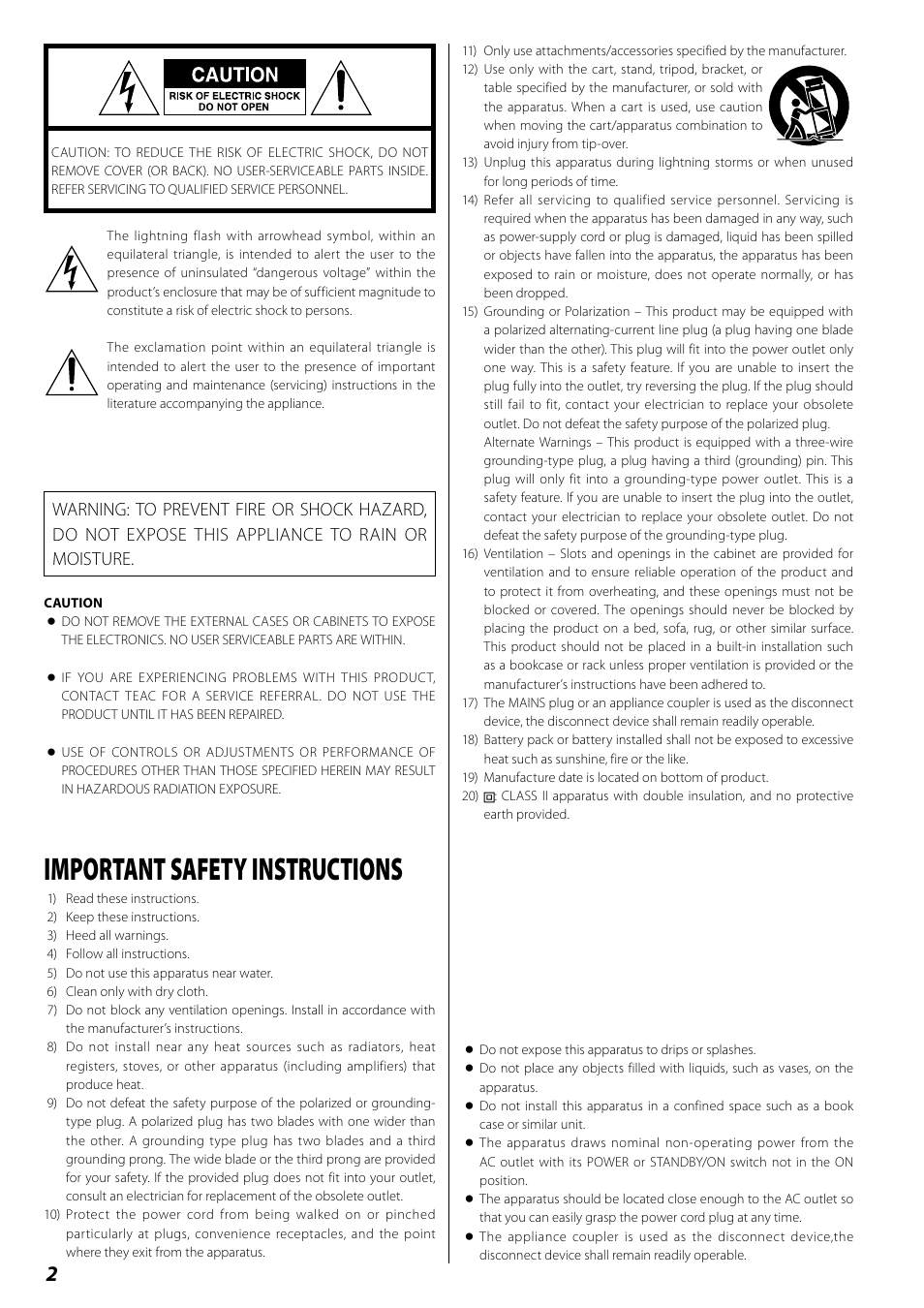 Important safety instructions | Teac DR H338i User Manual | Page 2 / 148