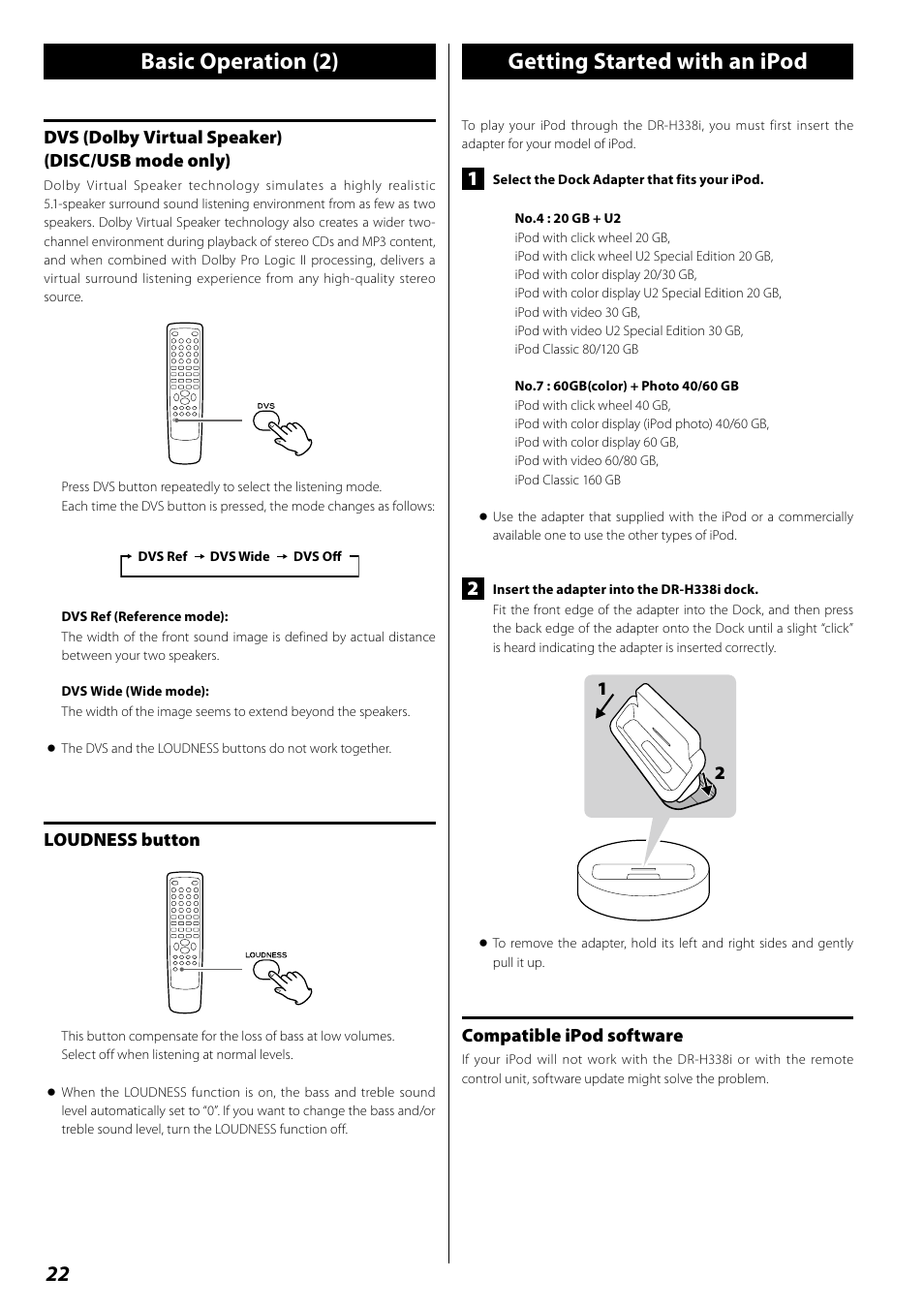 Getting started with an ipod, Listening to an ipod, Basic operation (2) getting started with an ipod | Teac DR H338i User Manual | Page 22 / 148