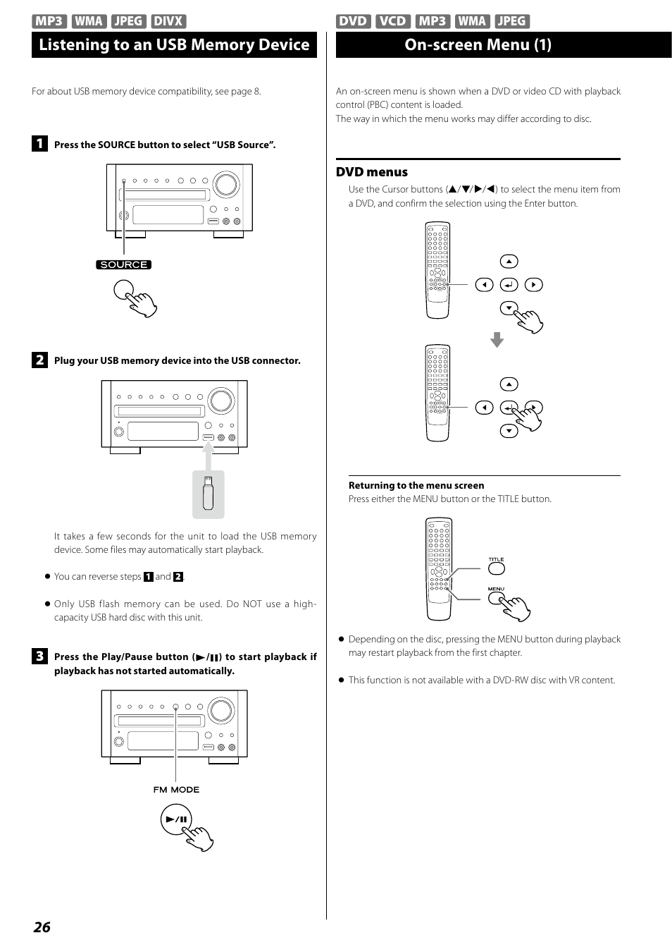 Listening to an usb memory device, On-screen menu | Teac DR H338i User Manual | Page 26 / 148