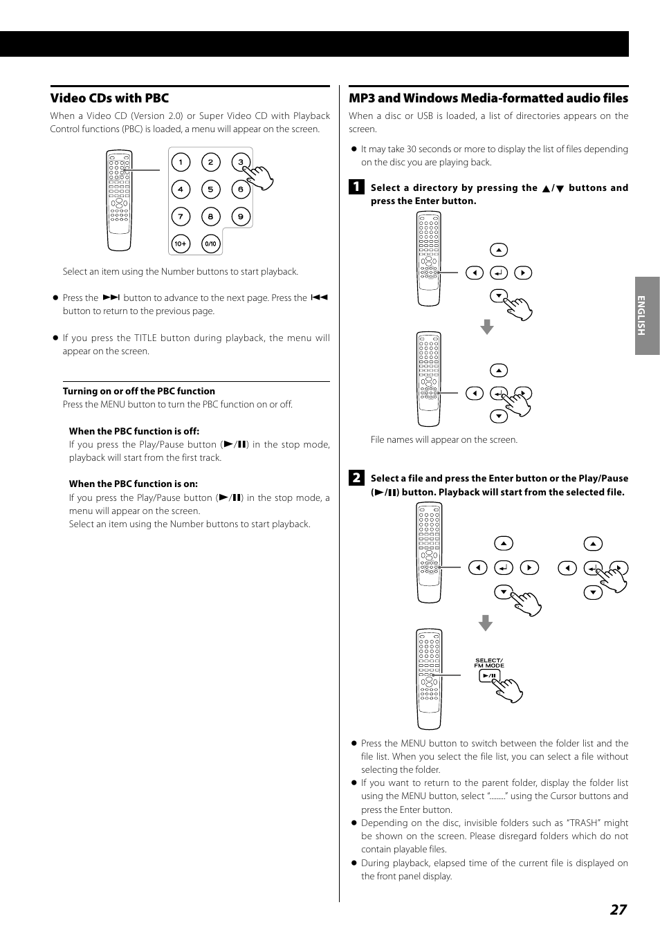 Mp3 and windows media-formatted audio files, Video cds with pbc | Teac DR H338i User Manual | Page 27 / 148