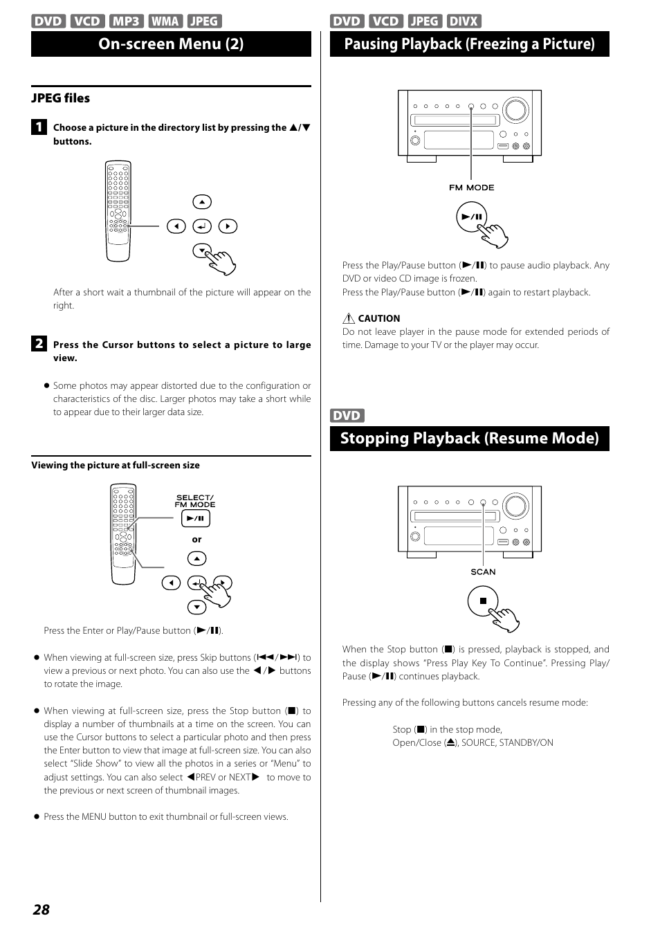 Pausing playback (freezing a picture), Stopping playback (resume mode), On-screen menu (2) | Teac DR H338i User Manual | Page 28 / 148