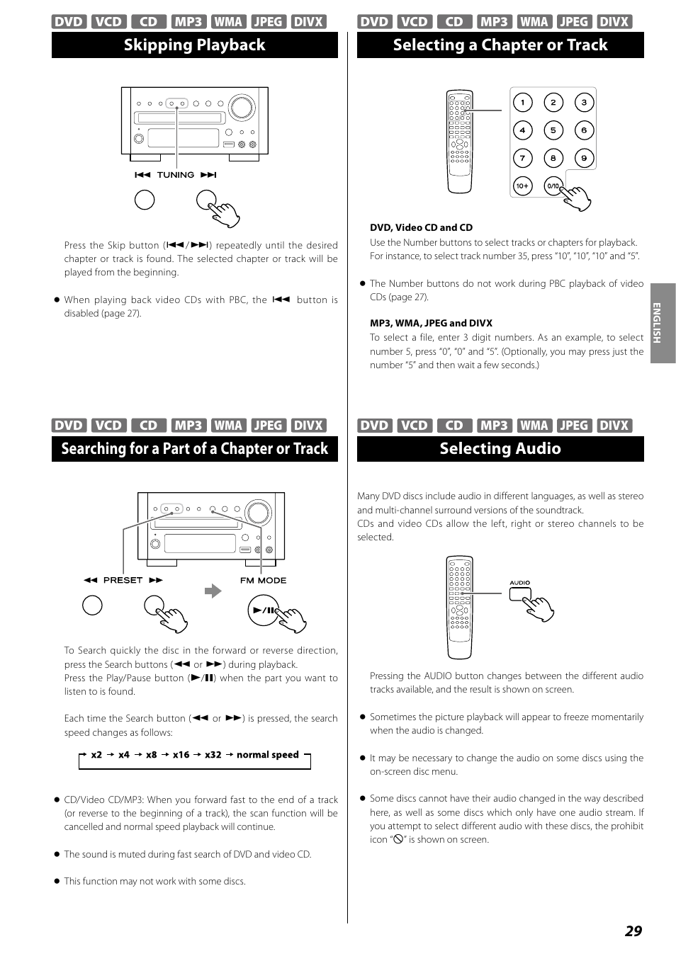 Skipping playback, Searching for a part of a chapter or track, Selecting a chapter or track | Selecting audio | Teac DR H338i User Manual | Page 29 / 148