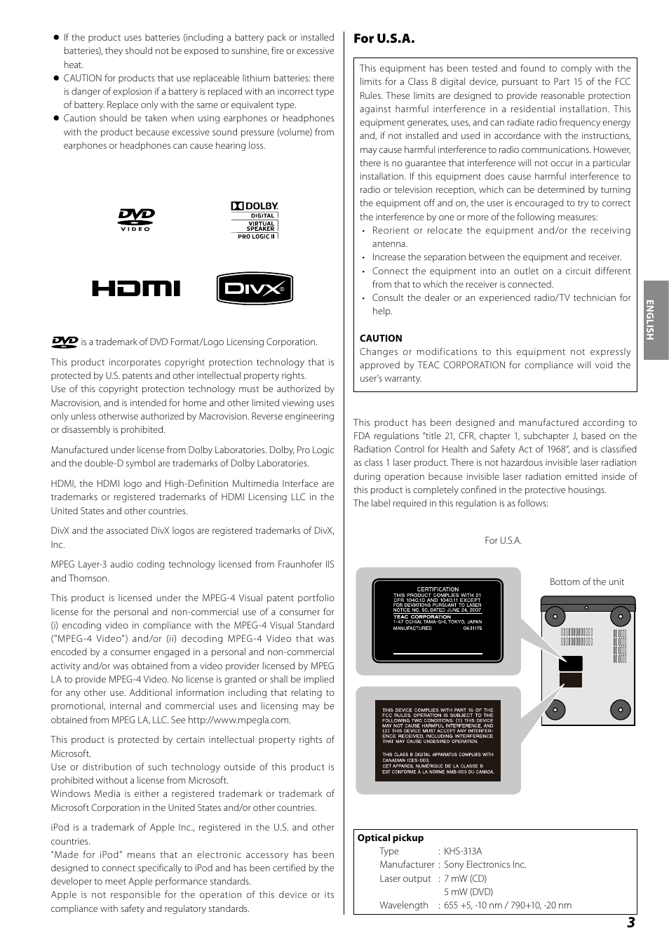 For u.s.a | Teac DR H338i User Manual | Page 3 / 148