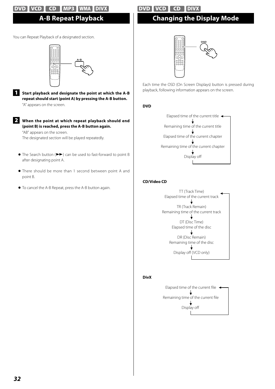 Time search (vcd/cd), Time search (mp3/wma), Changing the display mode | A-b repeat playback | Teac DR H338i User Manual | Page 32 / 148