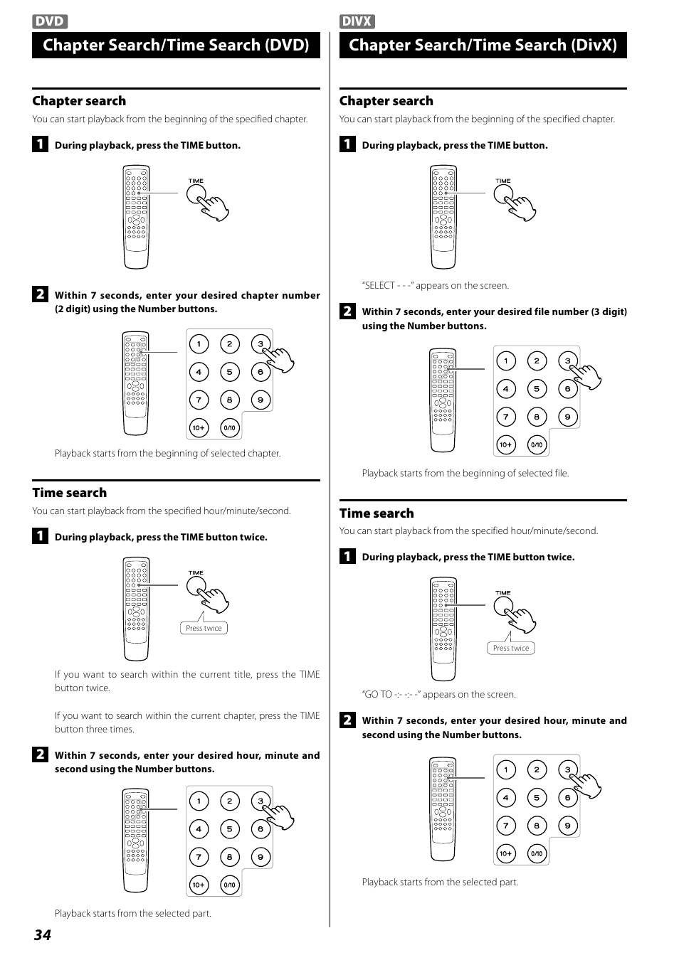 Chapter search/time search (dvd), Chapter search/time search (divx) | Teac DR H338i User Manual | Page 34 / 148