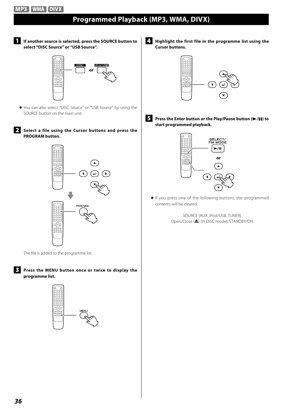 Settings (introduction), Programmed playback (mp3, wma, divx) | Teac DR H338i User Manual | Page 36 / 148