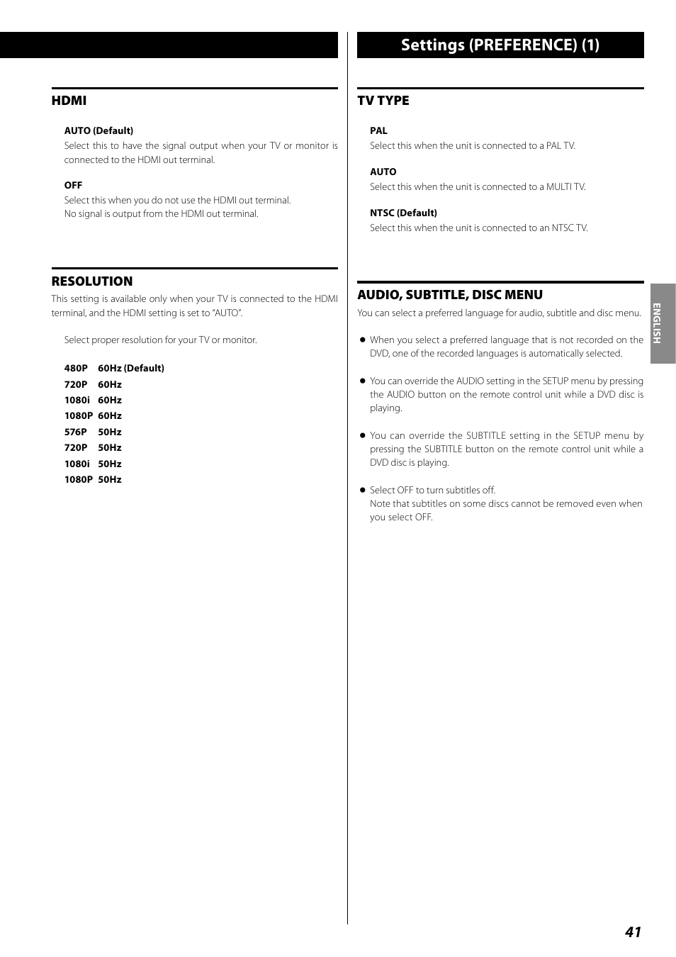 Settings (preference), Settings (preference) (1), Hdmi | Resolution, Tv type, Audio, subtitle, disc menu | Teac DR H338i User Manual | Page 41 / 148