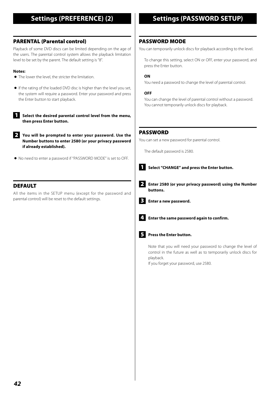 Settings (password setup), Settings (preference) (2) | Teac DR H338i User Manual | Page 42 / 148