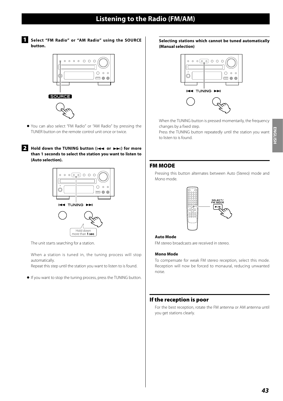 Listening to the radio (fm/am), Fm mode, If the reception is poor | Teac DR H338i User Manual | Page 43 / 148