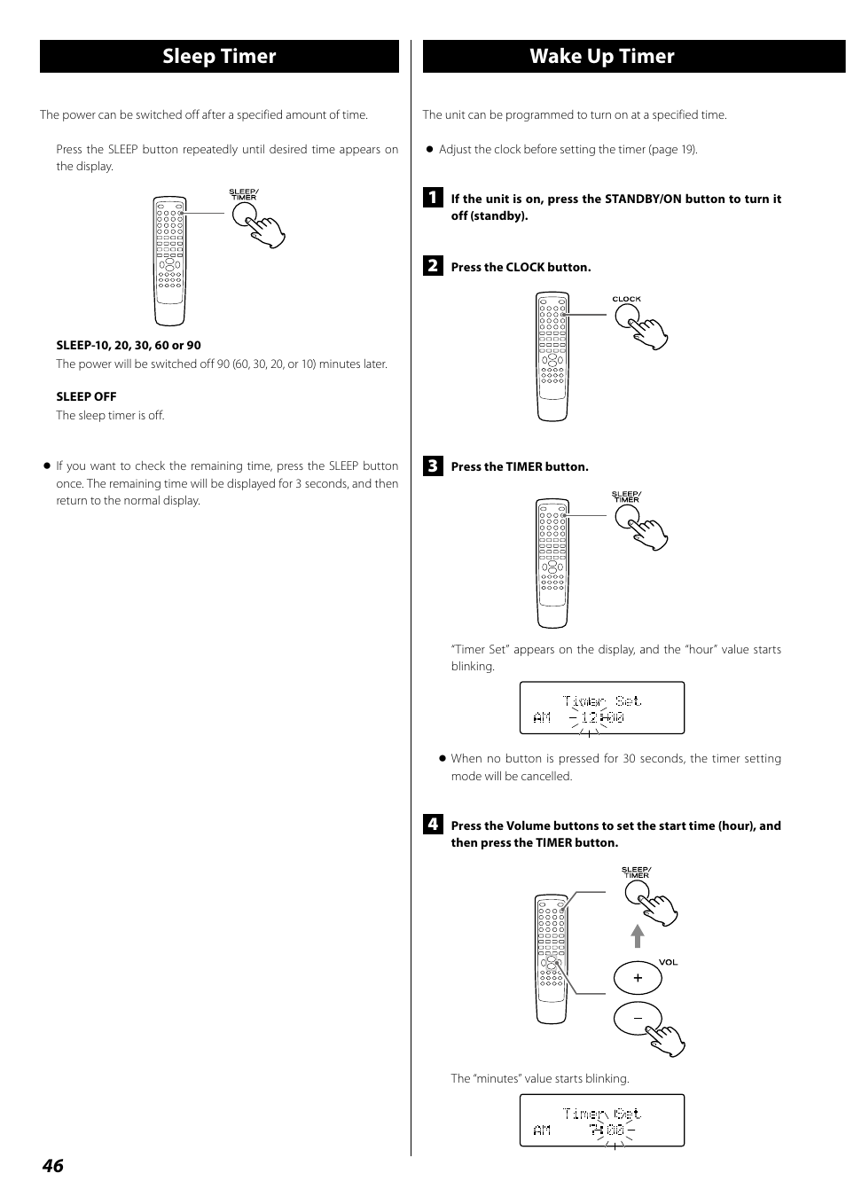 Sleep timer, Wake up timer, Sleep timer wake up timer | Teac DR H338i User Manual | Page 46 / 148