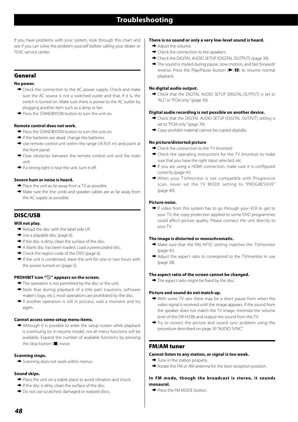 Troubleshooting, General, Disc/usb | Fm/am tuner | Teac DR H338i User Manual | Page 48 / 148