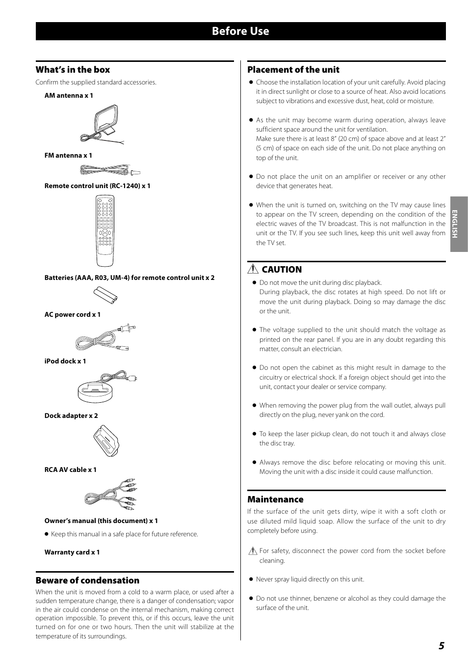 Before use, What’s in the box, Beware of condensation | Placement of the unit, Caution, Maintenance | Teac DR H338i User Manual | Page 5 / 148