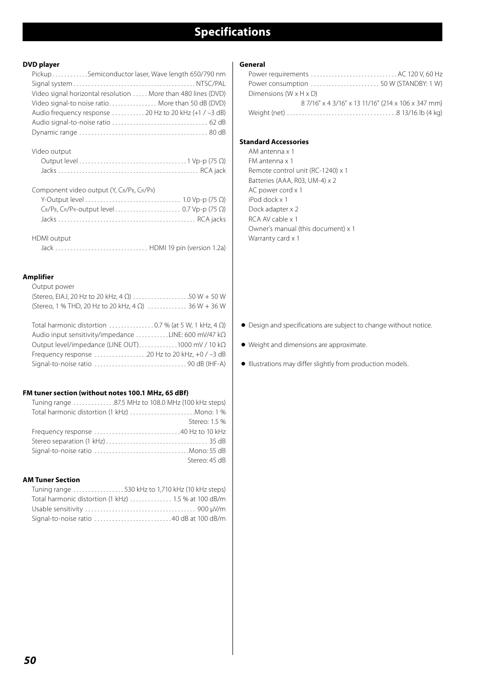 Specifications | Teac DR H338i User Manual | Page 50 / 148