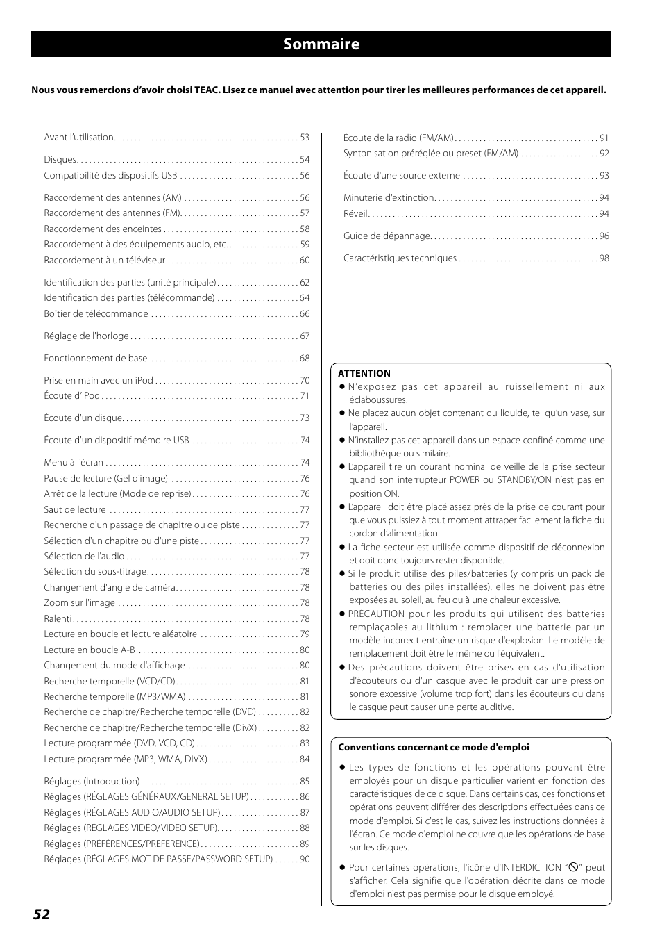 Mode d’emploi, Sommaire | Teac DR H338i User Manual | Page 52 / 148