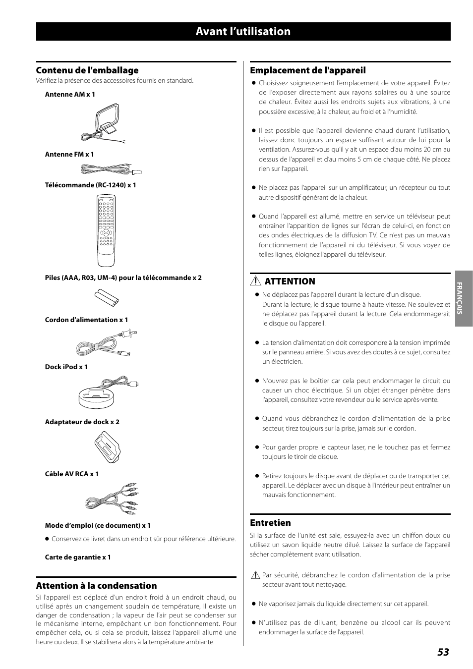 Avant l’utilisation, Contenu de l'emballage, Attention à la condensation | Emplacement de l'appareil, Attention, Entretien | Teac DR H338i User Manual | Page 53 / 148